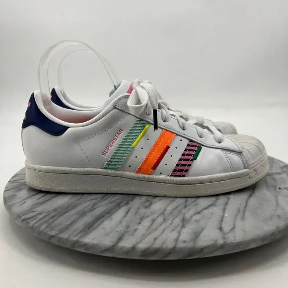 Adidas Mens 7.5 Superstar Shoe White Leather Multi Jagged Shell Toe Sneaker - Picture 2 of 13